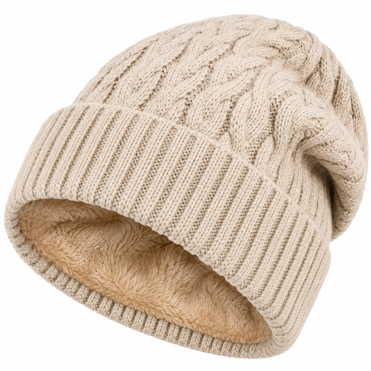 Damen Strickmütze mit Kunstfellfutter in Beige