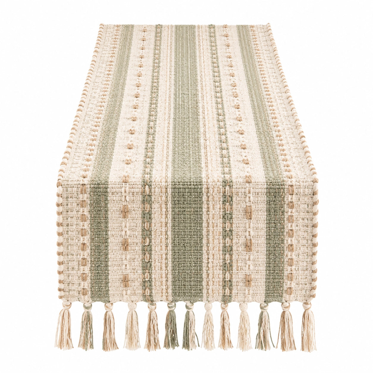 Tischläufer mit Streifenmuster Beige/Grün 150x40 cm mit Fransen