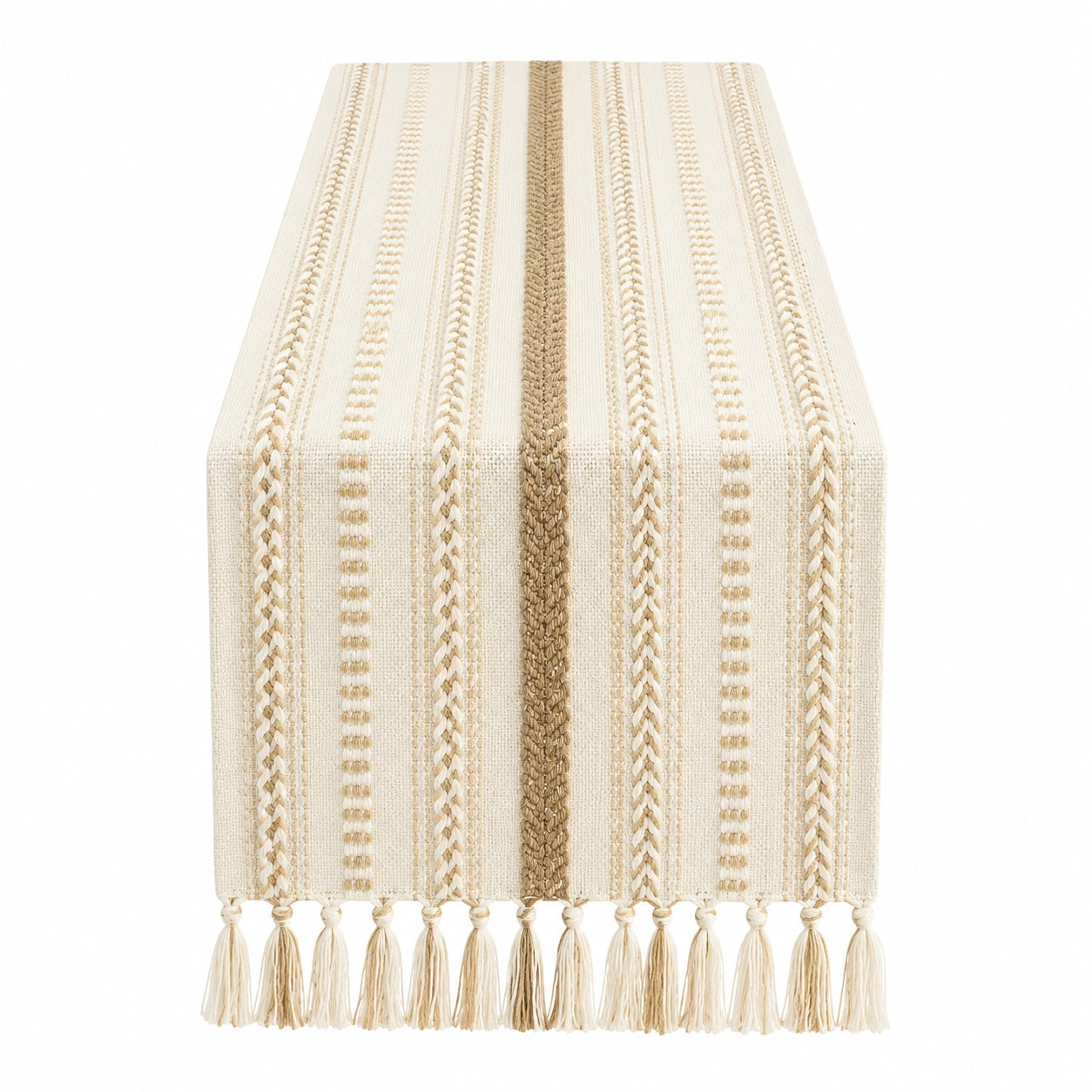 Gestreifter Tischläufer mit Quasten in Beige