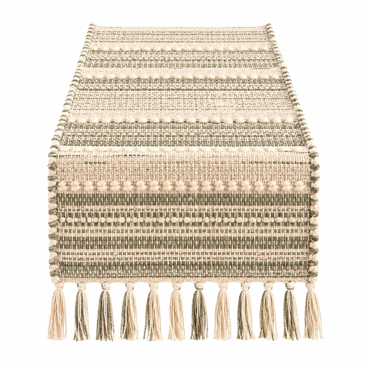 Tischläufer Beige und Grün mit Quasten 150x35cm