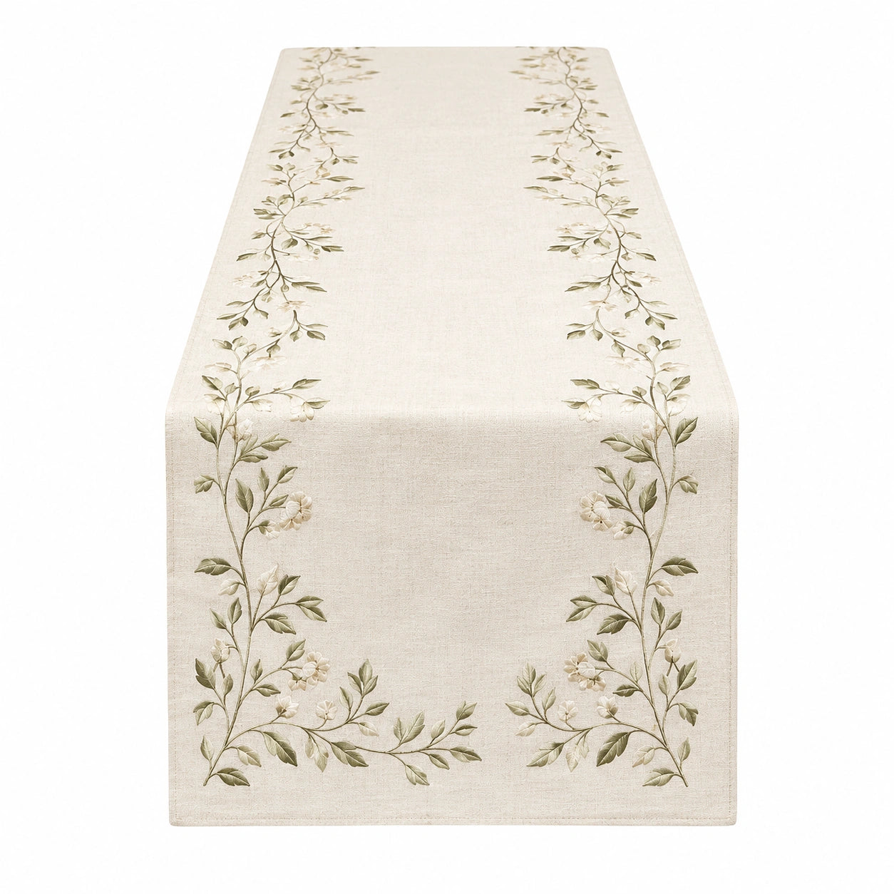Tischläufer mit Blumenstickerei Beige/Grün 180x30 cm