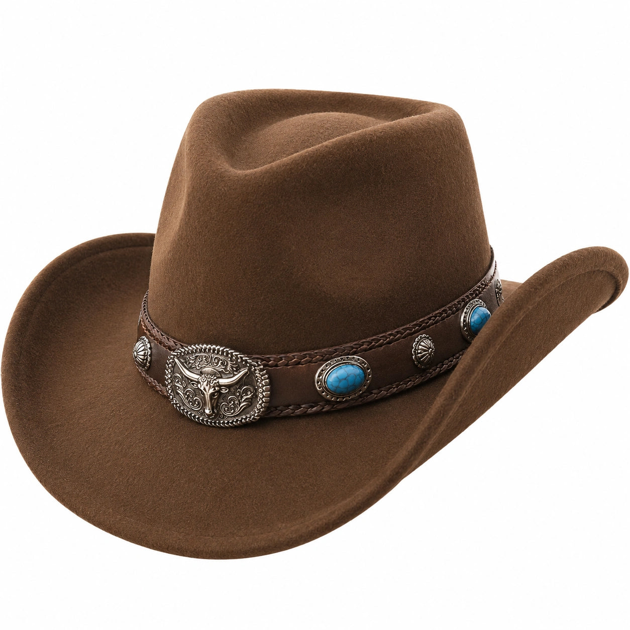 Brauner Western Cowboyhut mit Metallapplikationen