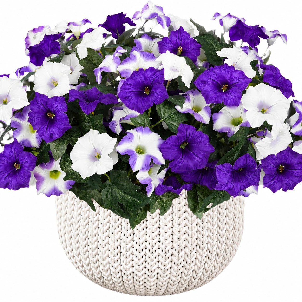 Künstliche Petunien Blumengesteck Lila/Weiß im Strickkorb