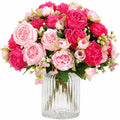 Künstlicher Blumenstrauß Rosen und Pfingstrosen in Glasvase, Rosa und Pink