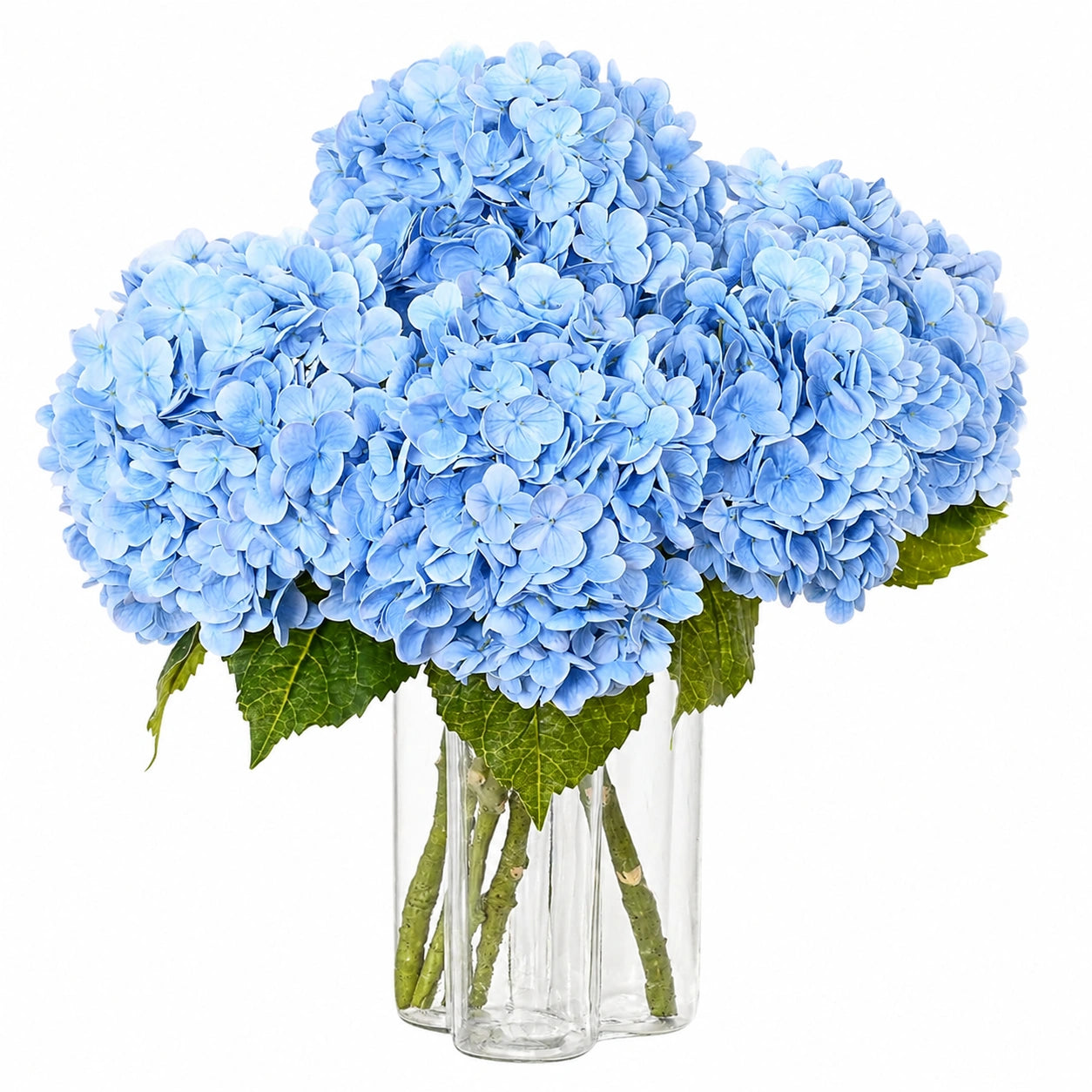 Künstlicher Hortensienstrauß Blau in Glasvase, 40 cm Hoch